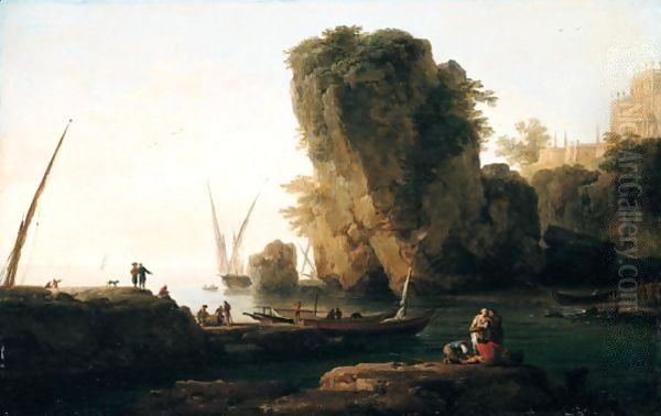 A Cove On A Rocky Mediterranean Coast, With Small Vessels And Fishermen - view 1
