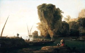A Cove On A Rocky Mediterranean Coast, With Small Vessels And Fishermen by Claude-joseph Vernet