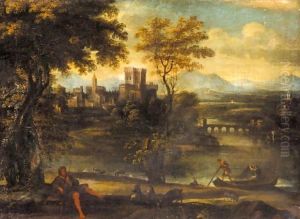 A Classical Landscape With A Shepherd And Fisherman, A Town Beyond