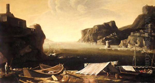 A Coastal Landscape With Fishermen On The Shore, A Hilltop Fort Beyond - view 1