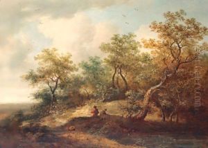 Woodland Landscape With Pond And Figures by Richard Hilder