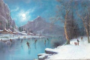 Skaters On A Frozen Lake By Moonlight by Nils Hans Christiansen