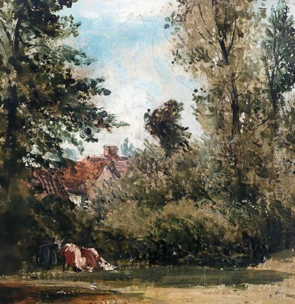 A Cottage Hidden By Trees, Cows Grazing In The Foreground - view 1