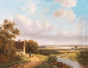 A Peasant Woman On A Road In An Extensive Landscape by Johannes Hilverdink