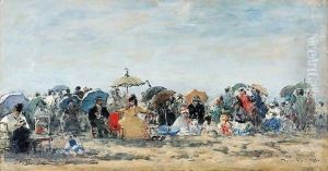 Scene De Plage A Trouville by Eugene Boudin