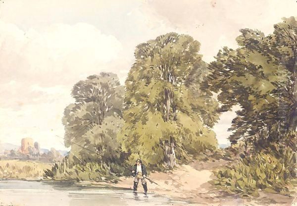 Fisherman On A River With Woodland And A Church In The Background - view 1