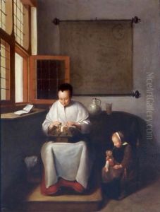 A Woman Making Lace With A Small Child Beside Her by Quiringh Gerritsz. van Brekelenkam