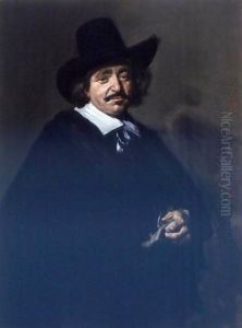 Portrait Of A Gentleman, Three-Quarter Length, In A Black Coat And Cape With A Black Hat, Holding Gloves by Frans Hals