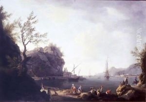 A Mediterranean Coastal Scene With A Frigate Flying The Red Ensign by Thomas Patch