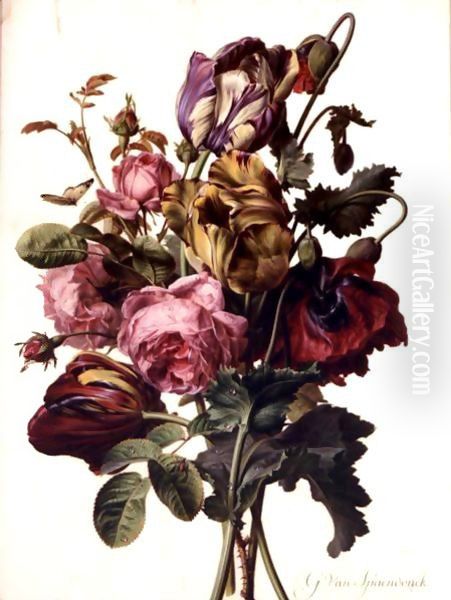 A Bouquet Of Tulips, Roses And An Opium Poppy, With A Pale Clouded Yellow Butterfly, A Red Longhorn Beetle And A Sevenspotted Ladybug - view 1