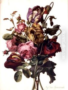 A Bouquet Of Tulips, Roses And An Opium Poppy, With A Pale Clouded Yellow Butterfly, A Red Longhorn Beetle And A Sevenspotted Ladybug by Gerard Van Spaendonck