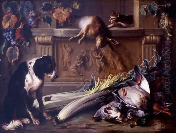 Still Life With Game, A Dog, A Cat And A Hare On A Table Decorated With A Bas Relief By Francois Duquesnoy - view 1