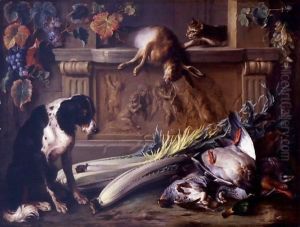 Still Life With Game, A Dog, A Cat And A Hare On A Table Decorated With A Bas Relief By Francois Duquesnoy by Alexandre-Francois Desportes