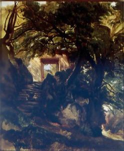 A Stone Staircase And Doorway In A Landscape