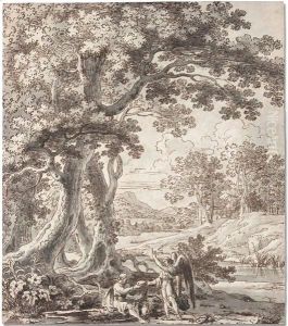 Wooded river landscape with the angel appearing to Elijah by Herman Van Swanevelt