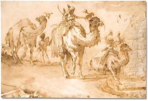 Orientals riding camels near a pyramid by Giovanni Domenico Tiepolo