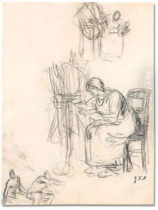 A woman spinning and other figures by Jean-Francois Millet
