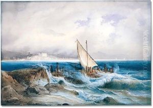 A boat caught in strormy waters near the shore