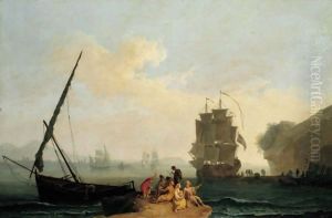A Mediterranean Bay With A Merchantman Unloading, Seamen Playing Cards In The Foreground And A Port Beyond by Pierre-Jacques Volaire