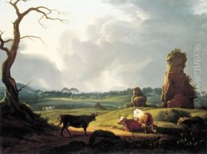 A View Of The Roman Campagna With Cattle Grazing And A Storm Approaching by Hendrik Voogd