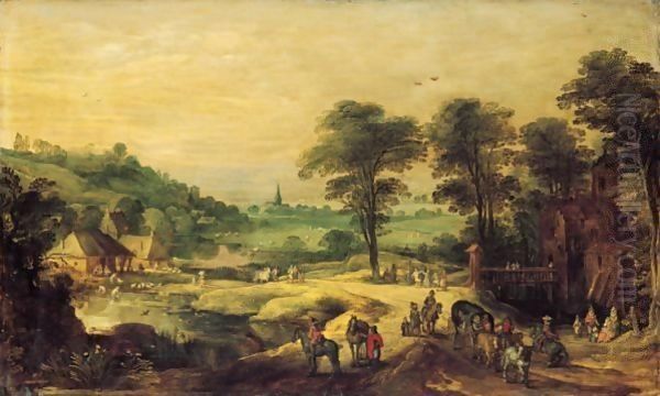 Extensive Landscape With Travellers On A Road Outside A Chateau With A Village Beyond - view 1
