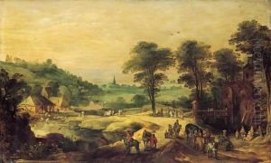 Extensive Landscape With Travellers On A Road Outside A Chateau With A Village Beyond by Josse de Momper
