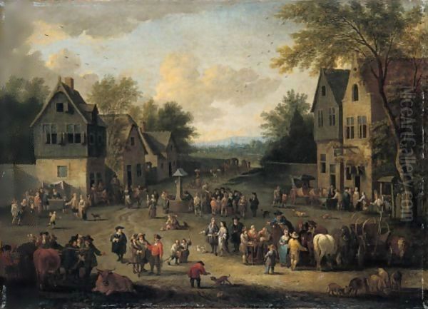 A Crowded Village Scene With Numerous Villagers And Animals - view 1