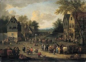 A Crowded Village Scene With Numerous Villagers And Animals by Adriaen Frans Boudewijns