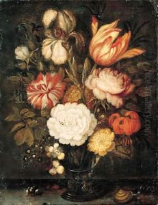 A Still Life With Roses, A Tulip, An Iris And Other Flowers Together In A Roemer On A Stone Ledge, With A Snail, A Bee And A Ladybird
