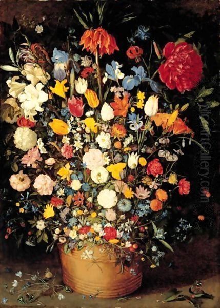 A Still Life Of Roses, Tulips And Other Flowers In A Wooden Tub - view 1