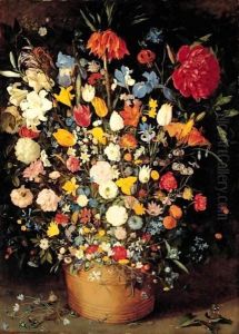A Still Life Of Roses, Tulips And Other Flowers In A Wooden Tub