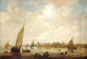 A River Landscape, With Fishermen And Small Vessels , And A Distant View Of Rupelmonde Castle, Seen From Across The River Schelde by Jan van Goyen