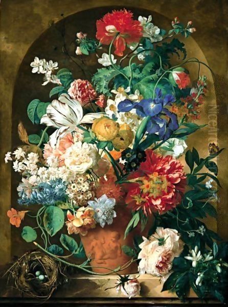 A Still Life Of Flowers In A Terracotta Vase Upon A Marble Ledge Before A Niche by Jan Van Huysum