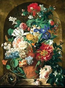 A Still Life Of Flowers In A Terracotta Vase Upon A Marble Ledge Before A Niche by Jan Van Huysum