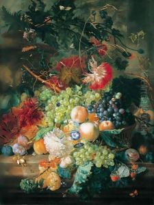 A Still Life Of Fruit In A Basket With Flowers And Other Fruit, All Upon A Marble Ledge Before An Urn And Column by Jan Van Huysum