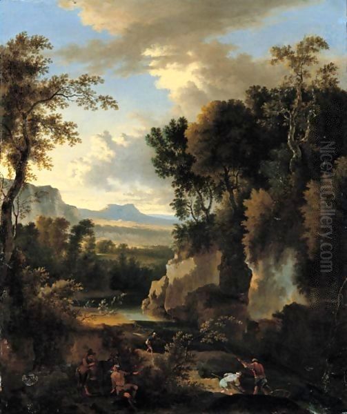 A Wooded River Landscape With Fishermen And A Man With A Donkey In The Foreground by Jan Hackaert
