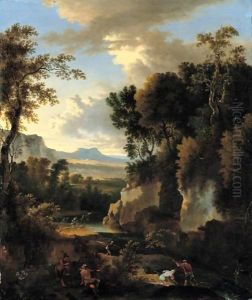 A Wooded River Landscape With Fishermen And A Man With A Donkey In The Foreground