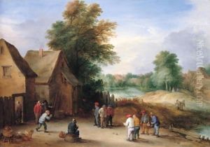 A Village Scene With Boors Playing Skittles Outside A Tavern by Theobald Michau