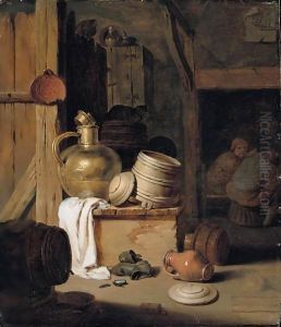 A Barn Interior With A Still Life Of Various Pots, Barrels, And Baskets With A Cat, Boors Seated Beyond