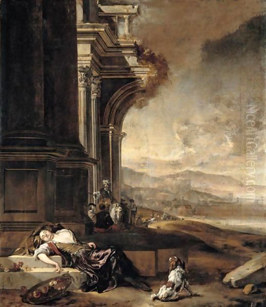 An Architectural Capriccio With A Young Lady Asleep Beside A Basket Of Fruit - view 1