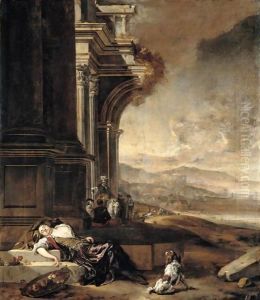 An Architectural Capriccio With A Young Lady Asleep Beside A Basket Of Fruit