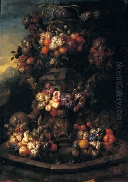 Still Life Of Swags Of Fruit Adorning A Stone Fountain - view 1