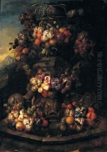 Still Life Of Swags Of Fruit Adorning A Stone Fountain by Jan Pauwel Gillemans The Elder