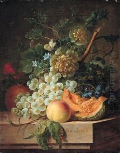 Still Life Of Grapes, Peaches, Melon, Flowers And Vines Arranged Upon A Table Top, Together With A Cabbage White Butterfly And A Fly by Willem van Leen