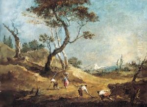 A Pastoral Landscape With Peasants Hoeing And A Washerwoman Before Some Trees