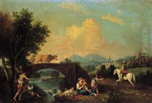 Paesaggio Fluviale Con Ponte, Contadini Ed Un Cavaliere by Italian School