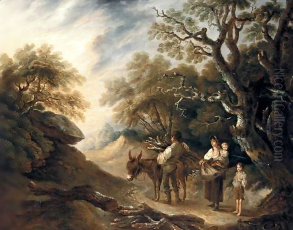 A Wood Gatherer And His Family Loading A Donkey In An Extensive Landscape - view 1
