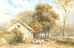 A Shepherd And Sheep By A Barn On A Country Road by David Cox