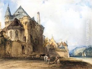 A Figure And Horse On The Banks Of The Rhine At Boppart by William Callow