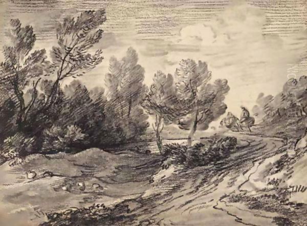 Wooded Landscape With Riders, Sheep And Pool - view 1